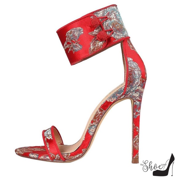 The Shoe Loft Shoes - Yani Red Faux Silk Asian Print Ankle Choker Heels The Shoe Loft Shoes - Yani Red Faux Silk Asian Print Ankle Choker Heels